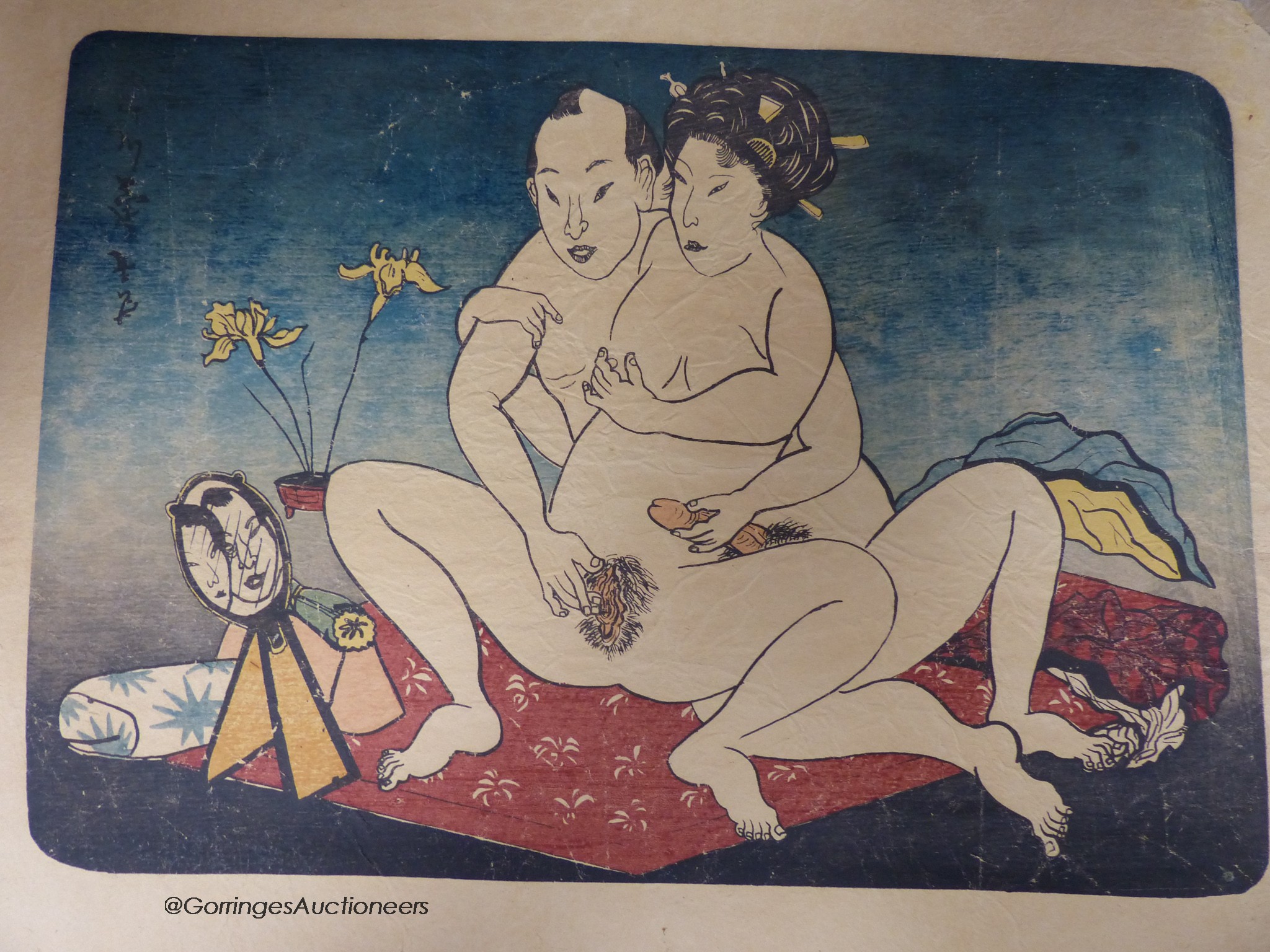 A pair of Japanese woodblock prints - erotic subjects, 25×35 cm